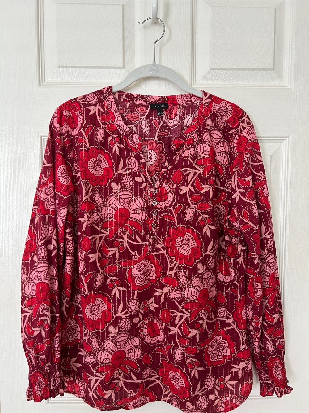 Talbots Majestic Blooms Pink and Red Floral Long-Sleeve Blouse